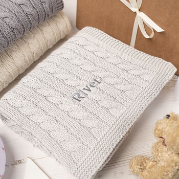 Luxury Unisex Pale Grey Cable Baby Blanket, 2 of 12