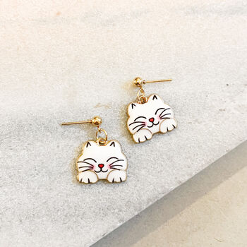 White Enamel Cat Face Drop Earrings, 2 of 2