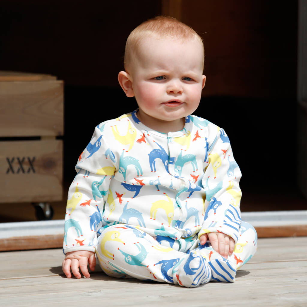 unisex blue green sloth footed baby sleepsuit by piccalilly ...