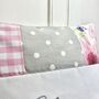 Pink And Grey Patchwork Name Cushion, thumbnail 3 of 4