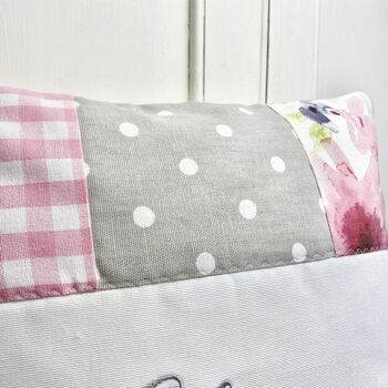 Pink And Grey Patchwork Name Cushion, 3 of 4