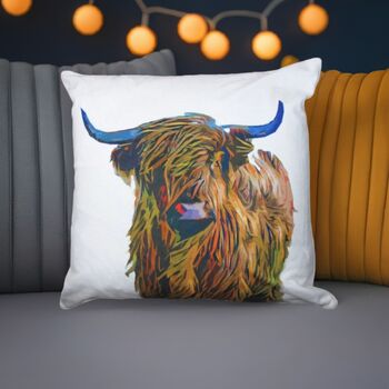 Highland Cow Colourful Pop Art Cushion, 2 of 8