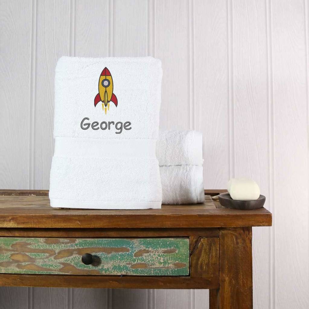 children's personalised rocket bath towel by duncan stewart