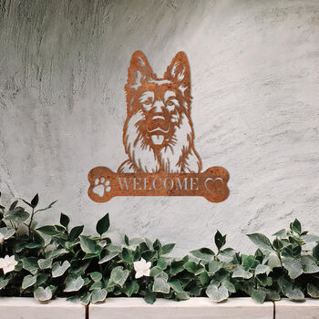 Custom German Shepherd Welcome Metal Wall Art Sign For Home And Garden Decor, 7 of 11