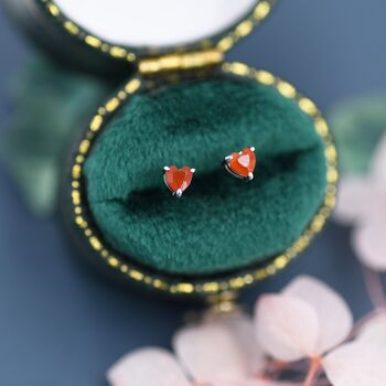 Genuine Carnelian Crystal Heart Stud Earrings, 2 of 11