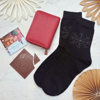 Red Purse, Festive Socks And Chocolate Christmas Gift For Her With Optional Christmas Tree Candle, 10 of 10