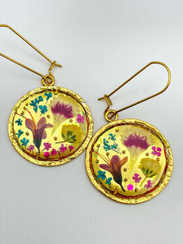 Gold Dangle Earrings With Real Pink Flowers, 4 of 10