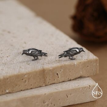 Crow Stud Earrings In Sterling Silver With Black Rhodium Coating, 4 of 11