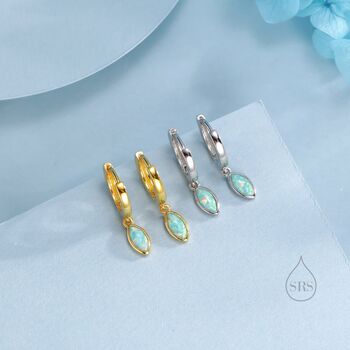 Sterling Silver Marquise Aqua Green Opal Huggie Hoops, 4 of 10