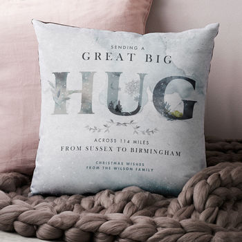 Personalised 'Hug Across The Miles' Winter Cushion, 2 of 7