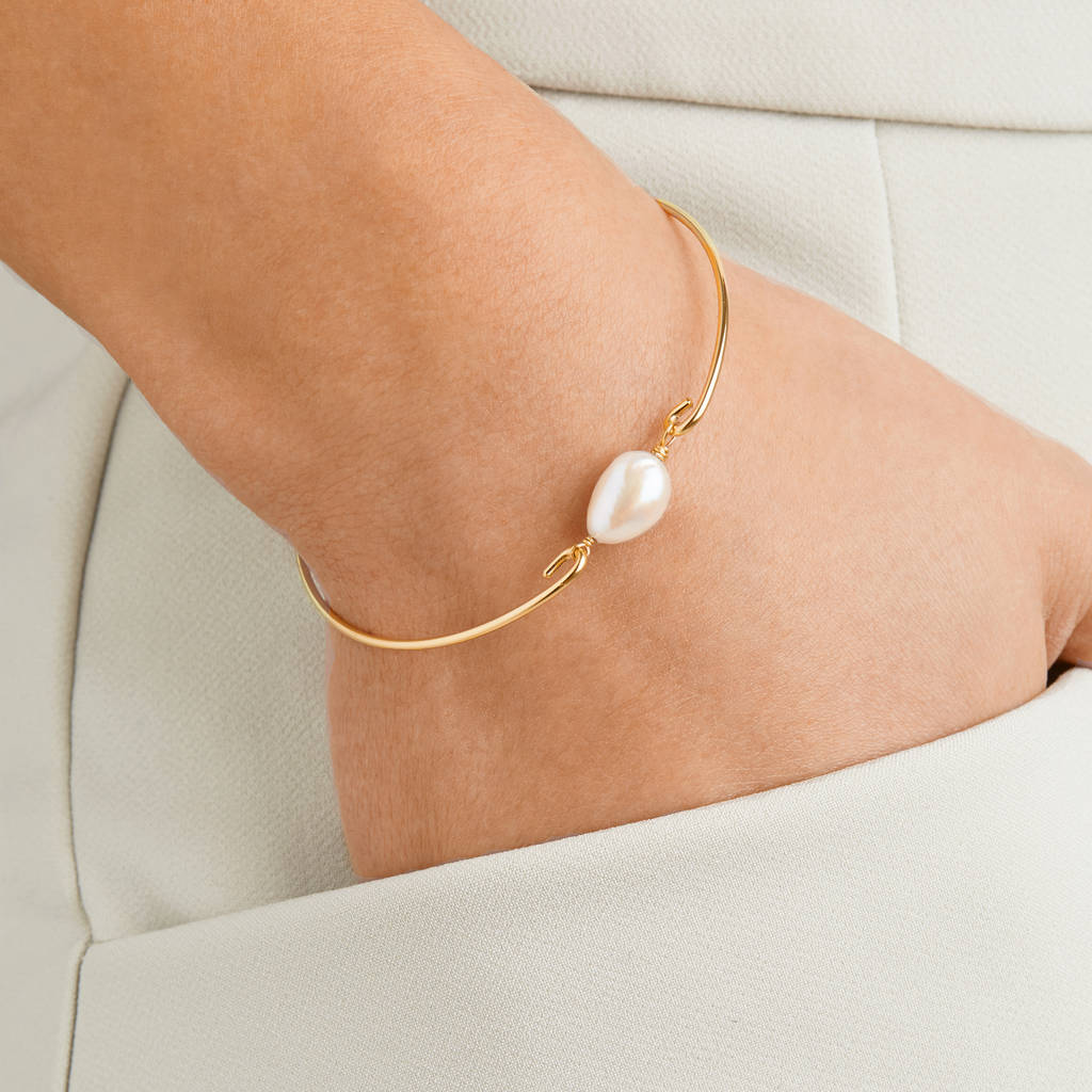Silver Or Gold Large Single Pearl Bangle, 1 of 8