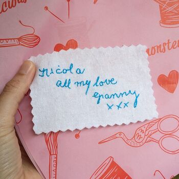 Hand Embroidered Handwritten Note Wedding Dress Label, 9 of 12