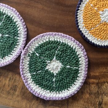 Six Crochet Coasters, Blue White, Citrus, Sunflower, 12 of 12