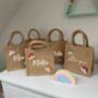 Personalised Rainbow Childrens Girls Jute Lunch Top Handle Gift Bag, thumbnail 1 of 4