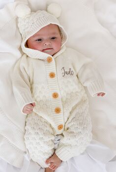 Cream Chunky Knit Personalised Embroidered Long Sleeve Pramsuit With Hood, 3 of 9