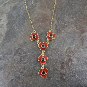 Red Poppy Multi Flower Necklace, Gold Tone, 2 of 3