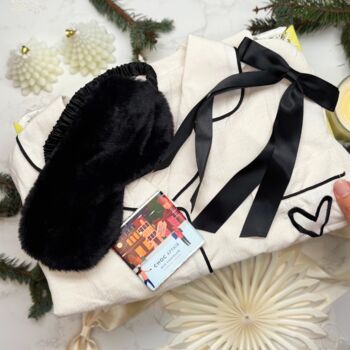 Luxury Christmas Pyjama Gift Set For Her With Eye Mask And Satin Hair Bow In Cream And Black, 8 of 10