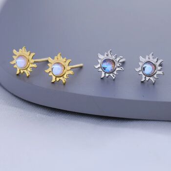 Tiny Sun Moonstone Stud Earrings In Sterling Silver, 2 of 12
