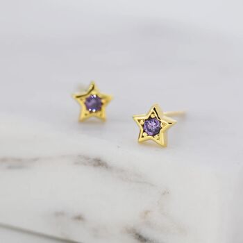 Tiny Amethyst Purple Cz Star Stud Earrings, 3 of 11