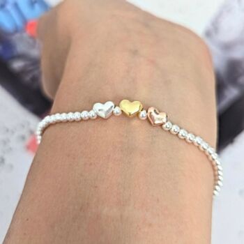 Sterling Silver Three Heart Beaded Stretch Bracelet, 9 of 9