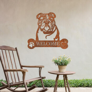 Customisable Bulldog Welcome Metal Wall Art Sign For Home And Garden Decor, 8 of 11