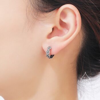 Sterling Silver Oxidised Silver Daisy Flower Chain Huggie Hoop Earrings, 4 of 10