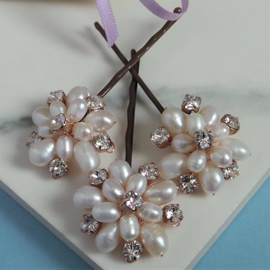 Emily Pearl Flower Rose Gold Bridal Hair Pins By Jewellery Made By Me
