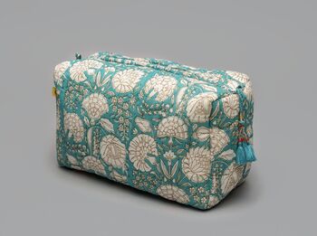 Majha Floral Pattern Quilted Cotton Washbag In Aqua, 2 of 5