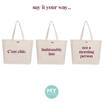 Personalised Slogan Cotton Canvas Tote Bag In Burgundy, 3 of 4
