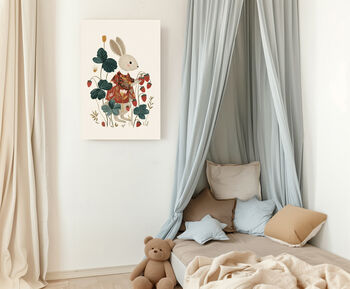 Strawberry Picking Rabbit Nursery Art Print, 3 of 4