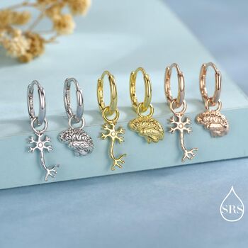 Mismatched Anatomical Brain And Neurone Huggie Hoops Earrings In Sterling Silver, 6 of 12