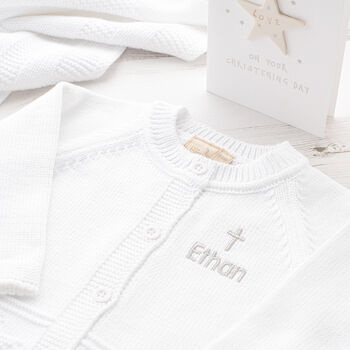 Toffee Moon White Star Personalised Baby Cardigan, 7 of 12