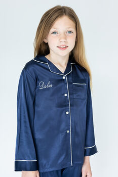 Personalised Girl's Navy Satin Pyjama's, 5 of 9