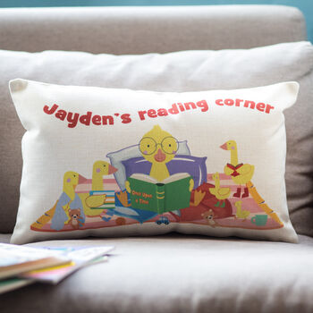Reading Corner Duck Illustration Personalised Cushion, 7 of 7