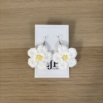 Handmade Crochet White Daisy Earrings: Surgical Steel, 3 of 12