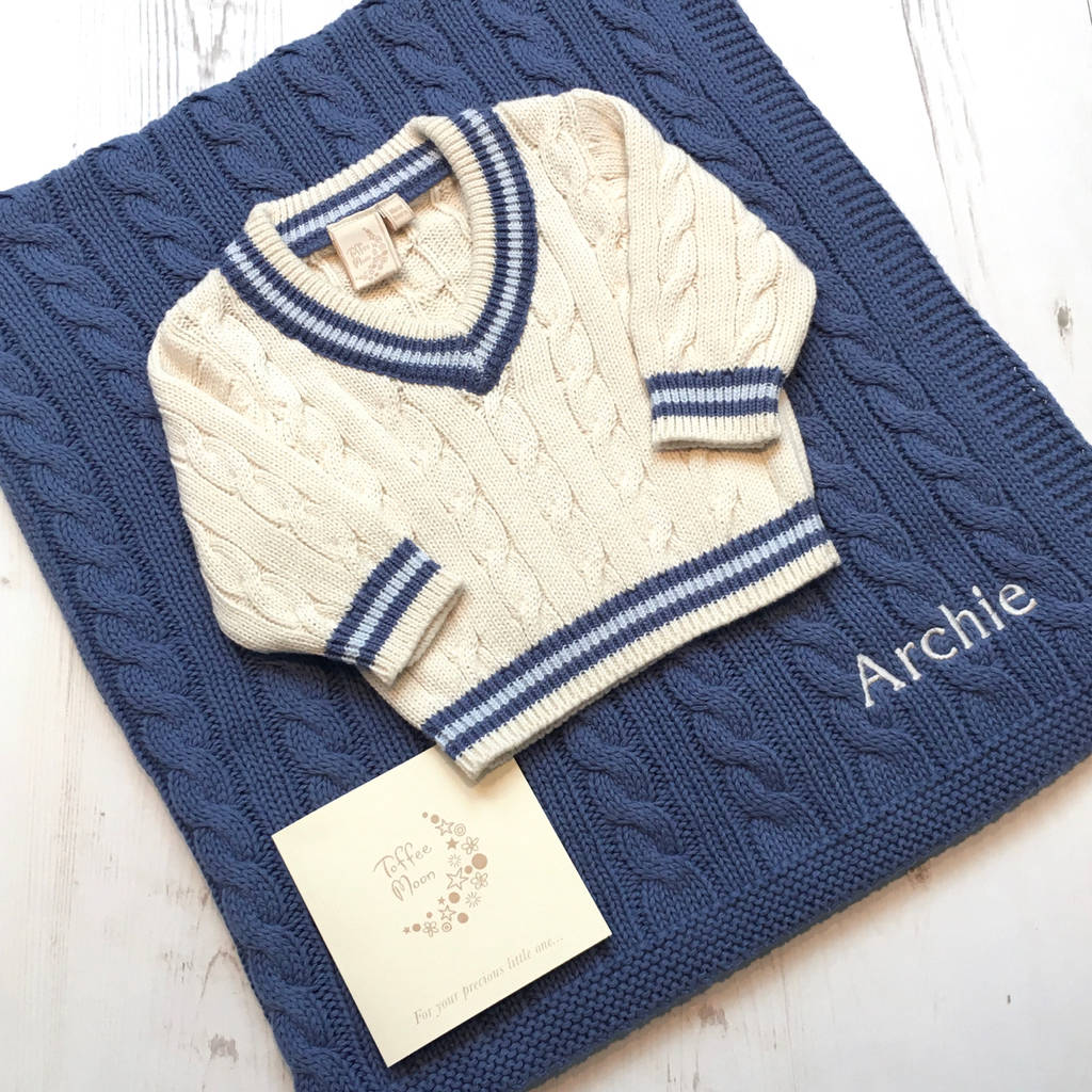 baby cricket jumper and cable blanket gift set by toffee moon