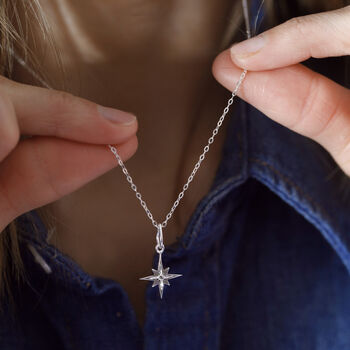 White Topaz North Star Charm Necklace In Silver Or Gold, 3 of 7