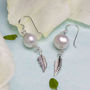 Sterling Silver Pearl And Feather Dangly Earrings, thumbnail 2 of 5