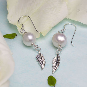 Sterling Silver Pearl And Feather Dangly Earrings, 2 of 5