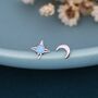 Mismatched Starburst And Moon Stud Earrings In Sterling Silver With Lab Opal, thumbnail 1 of 12