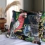 Wild Captivity Birds And Bird Cages Cushion With Flowers In Luxury Velvet On Navy Blue, thumbnail 3 of 8