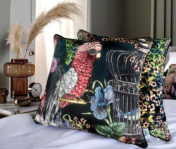 Wild Captivity Birds And Bird Cages Cushion With Flowers In Luxury Velvet On Navy Blue, 3 of 8