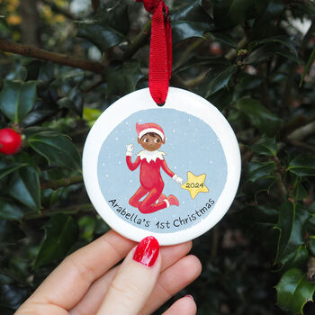 Elf Personalised Baby's First Christmas Decoration, 2 of 3