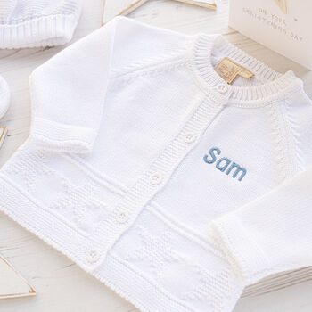 Toffee Moon White Star Personalised Baby Cardigan, 5 of 12