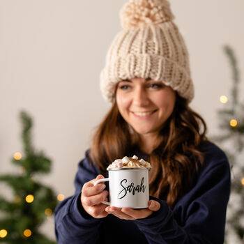 Personalised Winter Knitted Hat And Enamel Mug, 2 of 3