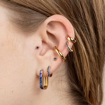 Gold Plated Oval Baguette Hoop Earrings With Blue Stones, 3 of 5