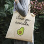 'I Love Avocado' Cotton Vegan Tote Bag, thumbnail 1 of 3