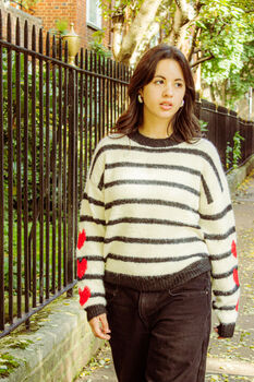 Cream Black Stripe Heart Sleeve Jumper, 5 of 5