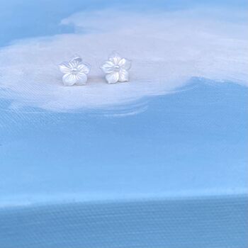 Mother Of Pearl Carved Flower Bridal Silver Earrings, 3 of 6