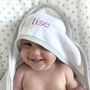 Personalised White Hooded Baby Towel With Grey Trim, thumbnail 2 of 5